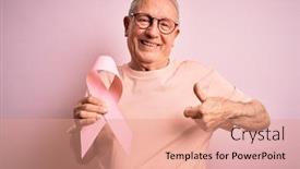  Presentation with pink ribbon breast awareness - PPT theme consisting of grey-haired-senior-man-holding background and a coral colored foreground