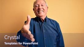  Presentation with blue handshake - Slide deck consisting of grey-haired-senior-man-wearing background and a navy blue colored foreground