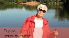  Presentation with woman sport - PPT layouts with grey-haired-woman-in-sunglasses background and a coral colored foreground