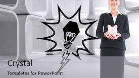  Presentation with piggy bank - PPT theme enhanced with grey orange world - composite image of blonde businesswoman background and a  colored foreground