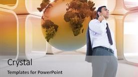  Presentation with businessman standing on mountain top - Audience pleasing PPT layouts consisting of grey orange world - composite image of unsmiling businessman backdrop and a  colored foreground