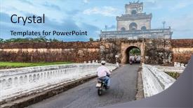  Presentation with vietnam - Beautiful PPT layouts featuring grey orange world - palace gate imperial palace moat backdrop and a light blue colored foreground