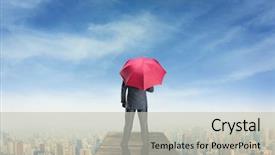  Presentation with umbrella - Slide deck having grey red - man with umbrella standind background and a light gray colored foreground