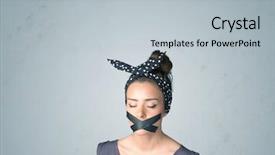  Presentation with mouth - Colorful PPT layouts enhanced with grey seals - young woman with taped mouth backdrop and a light gray colored foreground