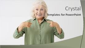  Presentation with grey - Presentation theme having grey-senior-woman-in-shirt background and a light gray colored foreground