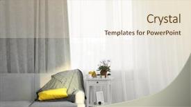  Presentation with curtain - Amazing theme having grey sofa and small table with flowers on curtain background backdrop and a lemonade colored foreground