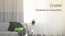  Presentation with curtain - PPT theme consisting of grey sofa and small table with flowers on curtain background background and a cream colored foreground