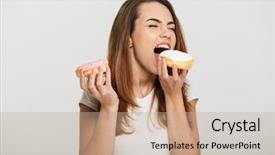  Presentation with lady - Theme enhanced with grey wall background eating donuts background and a coral colored foreground