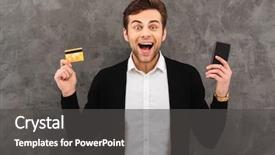  Presentation with credit card - Colorful slide deck enhanced with grey wall background looking camera backdrop and a dark gray colored foreground