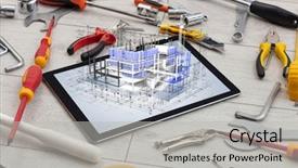 Presentation with construction tools - Slide deck consisting of grid 3d - tablet with construction tools background and a light gray colored foreground