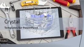  Presentation with set of construction tools tool - Colorful PPT theme enhanced with grid 3d - tablet with construction tools backdrop and a light blue colored foreground