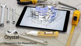  Presentation with set of construction tools tool - Beautiful slides featuring grid 3d - tablet with construction tools backdrop and a coral colored foreground