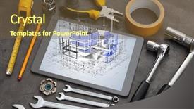  Presentation with set of construction tools tool - PPT layouts enhanced with grid 3d - tablet with construction tools background and a tawny brown colored foreground
