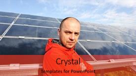  Presentation with solar panels - Colorful presentation design enhanced with grid energy storage - young male engineer with solar backdrop and a red colored foreground