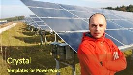  Presentation with grid energy storage - Beautiful slide set featuring grid energy storage - young male engineer with solar backdrop and a tawny brown colored foreground