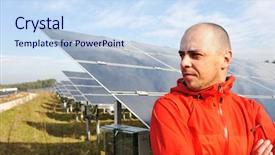  Presentation with grid energy storage - Presentation design with grid energy storage - young male engineer with solar background and a sky blue colored foreground