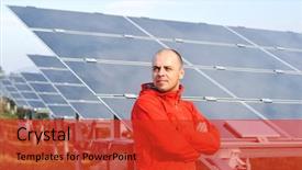  Presentation with solar panels - Audience pleasing PPT theme consisting of grid energy storage - young male worker with solar backdrop and a red colored foreground
