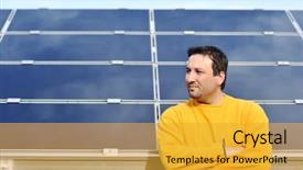  Presentation with solar panels - Colorful presentation design enhanced with grid energy storage - young male worker with solar backdrop and a gold colored foreground