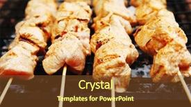  Presentation with hot sauce - Colorful presentation theme enhanced with fresh raw chicken turkey shish kebab on skewers on grid over charcoal spread with sauce and coated with red hot chili pepper backdrop and a tawny brown colored foreground