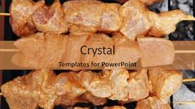  Presentation with hot sauce - Audience pleasing presentation design consisting of fresh raw chicken turkey shish kebab on skewers on grid over charcoal spread with sauce and coated with red hot chili pepper backdrop and a gold colored foreground