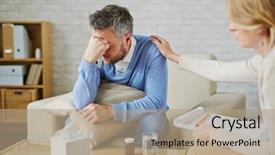  Presentation with grief - PPT theme featuring grief - despaired man with pillow background and a coral colored foreground