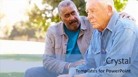  Presentation with unhappy - Cool new presentation design with grief - man comforting unhappy senior friend backdrop and a light blue colored foreground