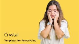  Presentation with sadness - Beautiful slides featuring grief - young beautiful brunette business woman backdrop and a yellow colored foreground