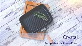  Presentation with old wood - Colorful presentation design enhanced with grill pan with a sprig backdrop and a sky blue colored foreground