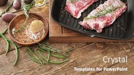  Presentation with ribs - Audience pleasing slides consisting of grill pan with fresh raw ribs on table backdrop and a coral colored foreground