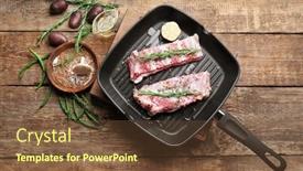  Presentation with ribs - Presentation theme with grill pan with fresh raw ribs on table background and a tawny brown colored foreground