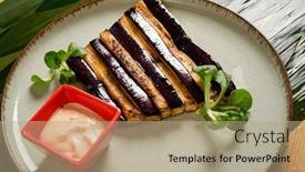  Presentation with grilled - Presentation consisting of grilled-aubergine-with-tahini-sauce background and a coral colored foreground