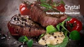  Presentation with bbq - Audience pleasing PPT theme consisting of grilled bbq steaks over wooden backdrop and a  colored foreground