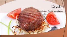  Presentation with thyme - Theme featuring grilled beef fillet medallions on noodles with tomatoes and thyme twigs on white plate over wood background and a coral colored foreground
