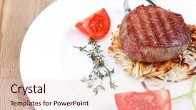  Presentation with thyme - PPT theme enhanced with grilled beef fillet medallions on noodles with tomatoes and thyme twigs on white plate over wood background and a lemonade colored foreground
