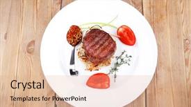  Presentation with green plate - Cool new slide set with grilled beef fillet pieces on noodles with tomatoes dry spices and green thyme twigs on white plate over wood backdrop and a coral colored foreground