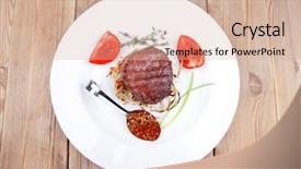  Presentation with thyme - Slide set with grilled beef fillet pieces on noodles with tomatoes dry spices and green thyme twigs on white plate over wood background and a lemonade colored foreground