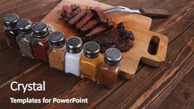  Presentation with table salt - Cool new slide set with grilled beef fillet steak on fork over wooden board served with different kind of dry spices salt crushed black pepper hot baked sweet paprika red hot chili on dark table backdrop and a tawny brown colored foreground