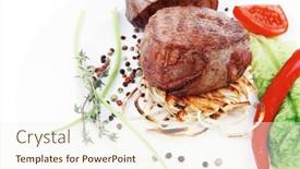  Presentation with thyme - Presentation design having grilled beef fillet with thyme red hot chili pepper and tomato on plate isolated over white background background and a cream colored foreground
