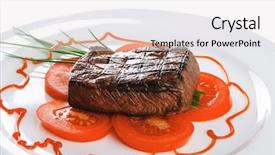  Presentation with green plate - Slide set with grilled beef meat entrecote fillet served with tomatoes and green chives on white china plate isolated over white background background and a white colored foreground