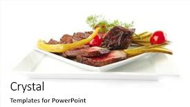  Presentation with meat beef - Audience pleasing PPT layouts consisting of grilled beef meat entrecote on white plates with peppers and tomato isolated on white background backdrop and a white colored foreground