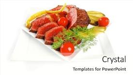 Presentation with meat beef - Slide deck consisting of grilled beef meat entrecote on white plates with peppers and tomato isolated on white background background and a cream colored foreground