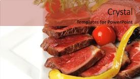  Presentation with meat beef - Presentation with grilled beef meat entrecote on white plates with peppers and tomato isolated on white background background and a red colored foreground