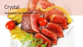  Presentation with meat beef - Amazing presentation theme having grilled beef meat entrecote on white plates with peppers and tomato isolated on white background backdrop and a coral colored foreground