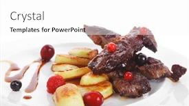  Presentation with meat beef - Cool new slides with grilled beef meat with berries fried potatoes and cherry under sweet honey sauce on white plate isolated over white background backdrop and a white colored foreground