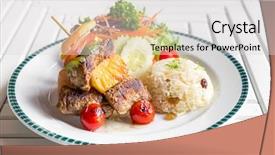  Presentation with beef - Beautiful slide deck featuring grilled beef skewer with fried rice backdrop and a light gray colored foreground