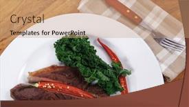  Presentation with hot sauce - Slide deck featuring grilled beef steak fillet meat with red hot pepper and raw kale leaf with ketchup sauce served on white plate over wood table background and a coral colored foreground