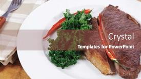  Presentation with hot sauce - Amazing theme having grilled beef steak fillet meat with red hot pepper and raw kale leaf with ketchup sauce served on white plate over wood table backdrop and a tawny brown colored foreground