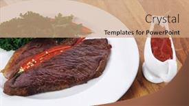  Presentation with hot sauce - PPT layouts having grilled beef steak fillet meat with red hot pepper and raw kale leaf with ketchup sauce served on white plate over wood table background and a coral colored foreground