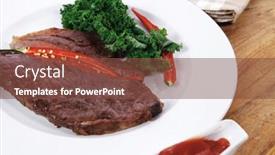  Presentation with hot sauce - PPT layouts featuring grilled beef steak fillet meat with red hot pepper and raw kale leaf with ketchup sauce served on white plate over wood table background and a tawny brown colored foreground
