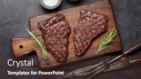  Presentation with steak - Audience pleasing slide deck consisting of media prime black angus ribeye - grilled beef steak on wooden backdrop and a tawny brown colored foreground